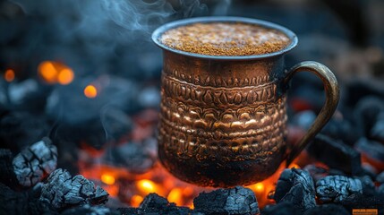 Copper coffee cup warming over embers