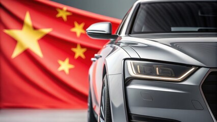 Tariff on Chinese EV Cars with a sleek car with a Chinese flag background.