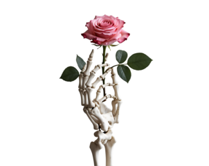 Ethereal Still Life, A Delicate Pink Rose Held by a Skeletal Hand Against a Minimalist Setting, Evoking Themes of Mortality and Beauty in a Striking Composition