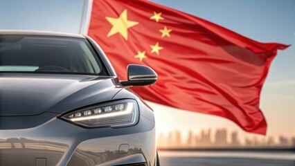 Tariff on Chinese EV Cars concept in front of a Chinese flag.