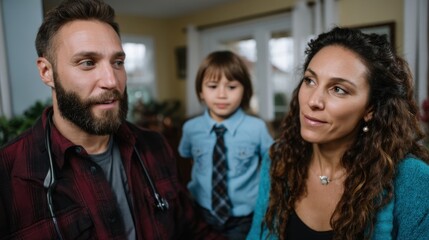 Fototapeta premium Compassionate Medical Consultation with a Family in a Bright Home Setting