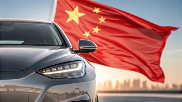 Tariff on Chinese EV Cars concept in front of a Chinese flag.