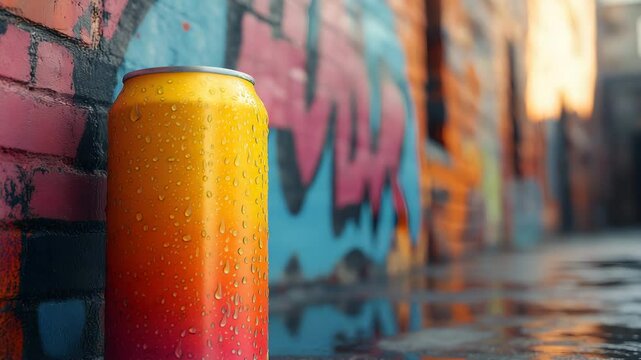 Vibrant beverage energy drink can with condensation against graffiti wall  