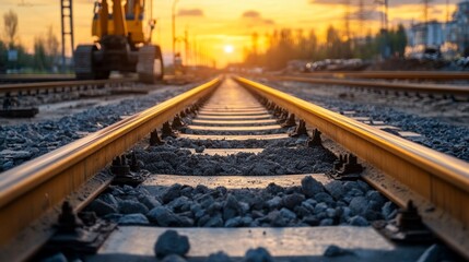 Railway tracks extending into a golden sunset, construction in progress