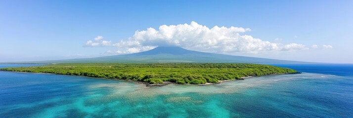 Tropical island with lush greenery and a volcanic mountain