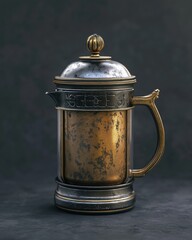 Vintage metal coffee pot with intricate detailing and a polished finish, exhibiting a blend of elegance and age.