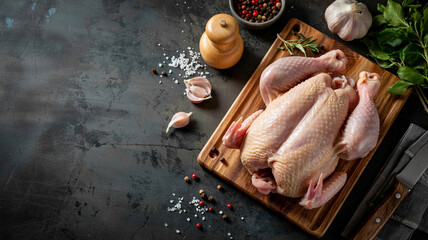 Raw chicken on a wooden cutting board with herbs and spices in a kitchen setting ready for meal preparation