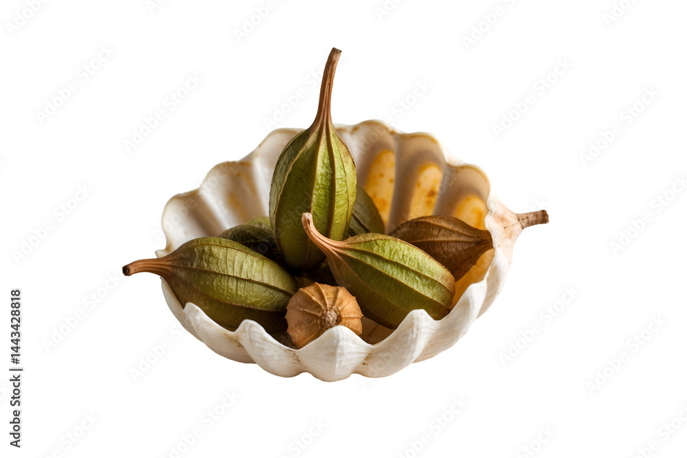 Aufkleber exotic tamarind pods arranged in a seashell on a pure white background creating a visually appealing