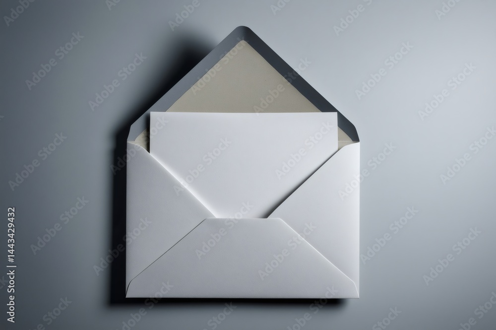 Poster white card emerging from slightly opened envelope on a simple gray background, conveying a message o