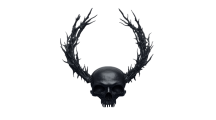 Black skull with antlers, transparent bg