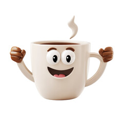 3D Cartoon Coffee Cup With Steam Arms  isolated on a transparent background