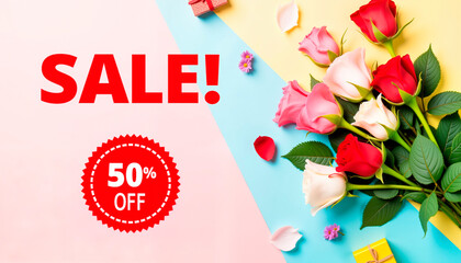 Bouquet of roses on pastel background for sale promotion, vibrant