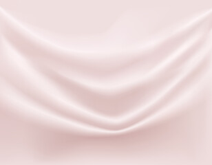 Close-up texture of smooth gentle silk material. Shiny cream pink background with smooth texture of fabric folds. Textile pattern.