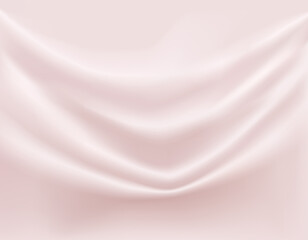 Close-up texture of smooth gentle silk material. Shiny cream pink background with smooth texture of fabric folds. Textile pattern.
