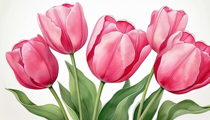 Obraz premium Tulips flower. Hand-painted pink tulip watercolor painting, elegant floral design with pink
