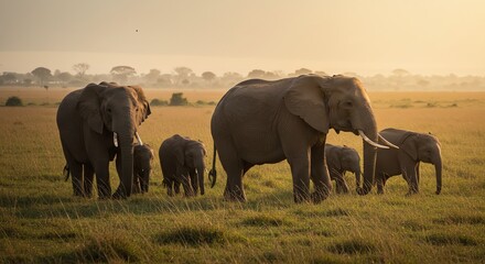 Fototapeta premium Elephant Family Walking in African Savannah at Golden Hour