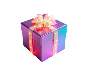 Obraz premium Exquisitely wrapped present featuring a sleek rectangular box adorned with a vibrant electric ribbon and a soft bow, perfect for celebrating joyous occasions with style and flair