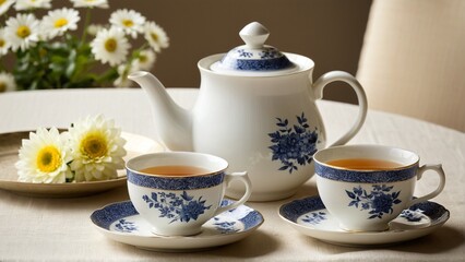 Elegant Tea Time: A Floral Arrangement Complements Delicate Porcelain Teacups and a Teapot, Creating a Peaceful, Harmonious Setting.