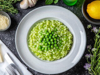 Creamy Green Pea Risotto Recipe  Italian Food Dish  Overhead View
