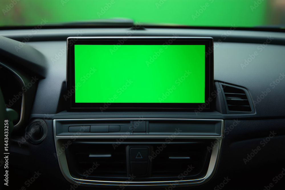 Poster close up of a car's dashboard featuring a prominent green screen on the infotainment system, ideal f