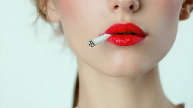 A woman is holding a cigarette in her mouth. Concept of rebellion and defiance, as smoking is often associated with negative health effects and societal disapproval. The woman's bold lip color