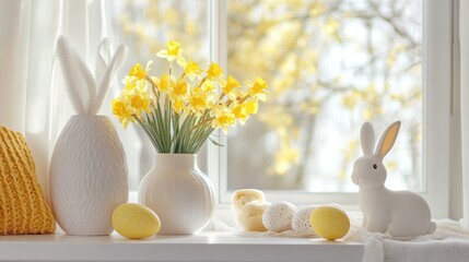 Springtime Easter Windowsill Decor: Daffodils, Bunny, and Pastel Eggs