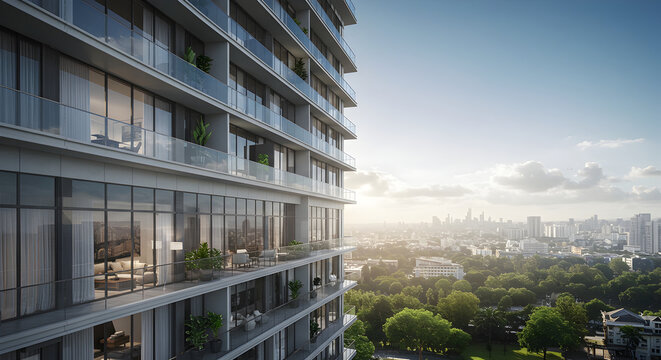 Luxury Condominium Tower Overlooking Urban Skyline And Green Trees