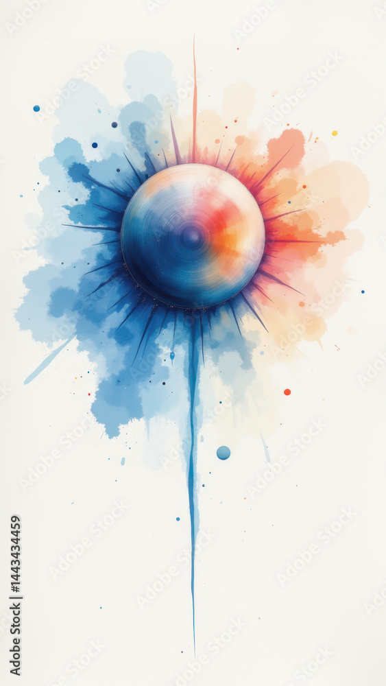 Poster colorful abstract representation of an atom with vibrant splashes around a central nucleus.