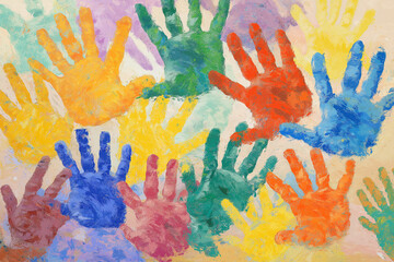Fototapeta premium Colorful Handprints Creating a Vibrant Community Art Background 
