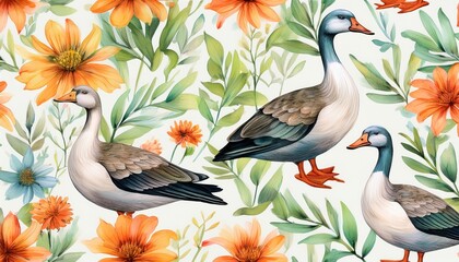 watercolor seamless pattern with geese, flowers, leaves. Nature background for fabric, wrap
