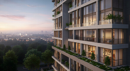Obraz premium Luxury Living In High Rise Apartment With Stunning City Views At Sunset