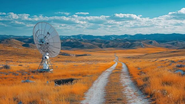 Satellite dish is in the middle of a field. The field is empty and the sky is blue