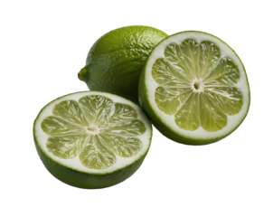 Fresh lime composition showcasing a whole fruit and a halved lime, highlighting the vibrant green citrus flesh and refreshing qualities, suitable for culinary and healthy lifestyle content