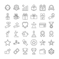 Rewards, Benefits,  Set in Editable Line Style Collection of Prize, Trophy, Medal, Badge, Gift, Star, and Success Icons for Loyalty Programs, Gamification, Promotions, and Business Recognition