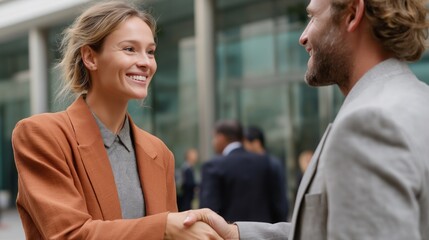 Obraz premium In a bustling business district, a woman in a smart suit greets a man with a confident handshake. Her smile radiates positivity as they engage in networking
