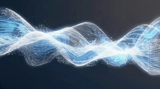 abstract wave pattern intertwines with neon blue circuitry lines. waves dissolve circuit-like design, with glowing blue lines connecting each crest, blue technology backgorund 4k video