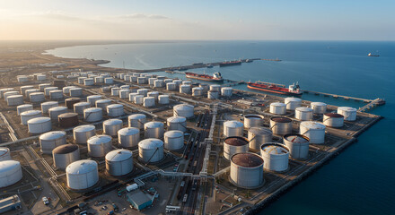 Aerial View of White Oil Tanks in Industrial Area Near Sea Port Terminal at Daylight