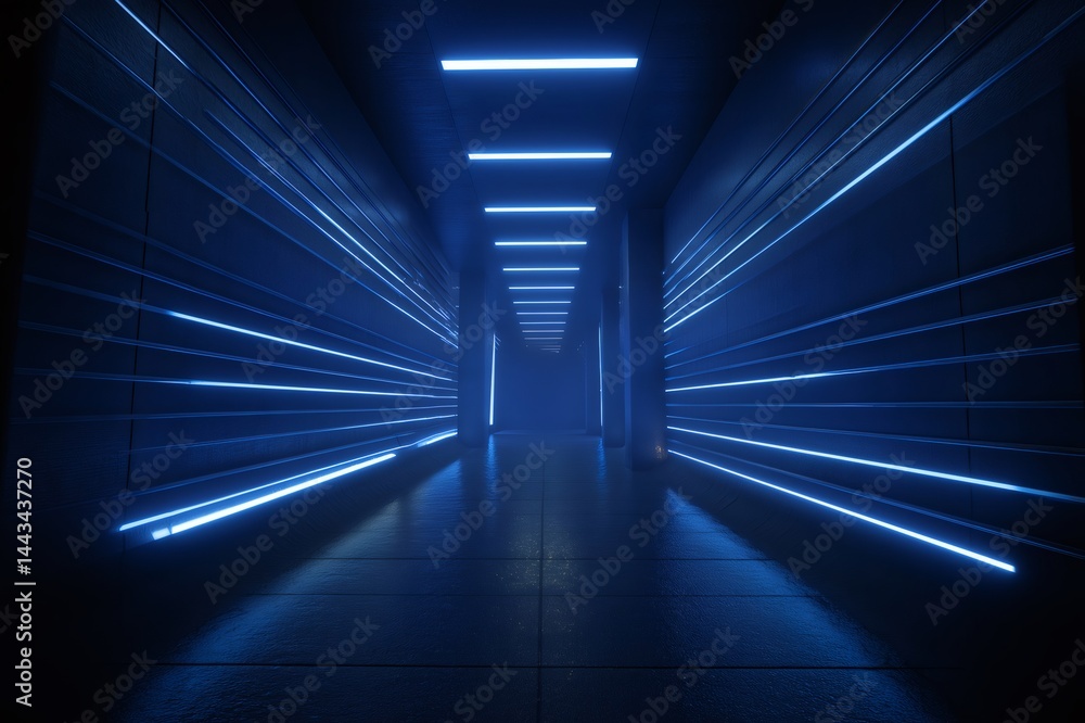 Poster empty futuristic sci fi corridor glowing with pulsating blue led lights, creating an intriguing atmo