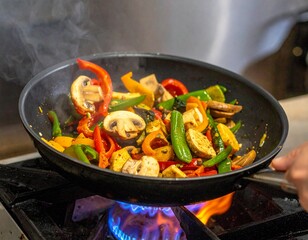Vegan Seitan and mushrooms, tofu, broccoli, bean sprouts stir-fry in motion with vegetables tossed in a wok held by hands
