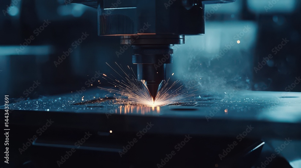 Poster a laser-cut machine creating sparks of light, a close-up on the laser beam and the part being cut, a
