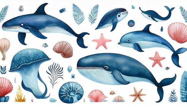 marine animals and shells watercolor whale shark orca narwhal stingray manatee seahorse fis