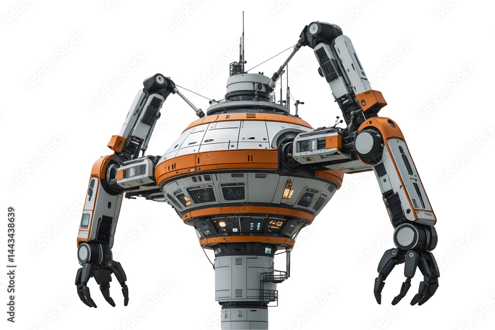 Poster futuristic interstellar colony building robot with advanced robotic arms for space construction and 