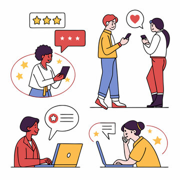 Four stylized cartoon characters, representing a diverse group, interact with mobile phones, laptops, and digital rewards.