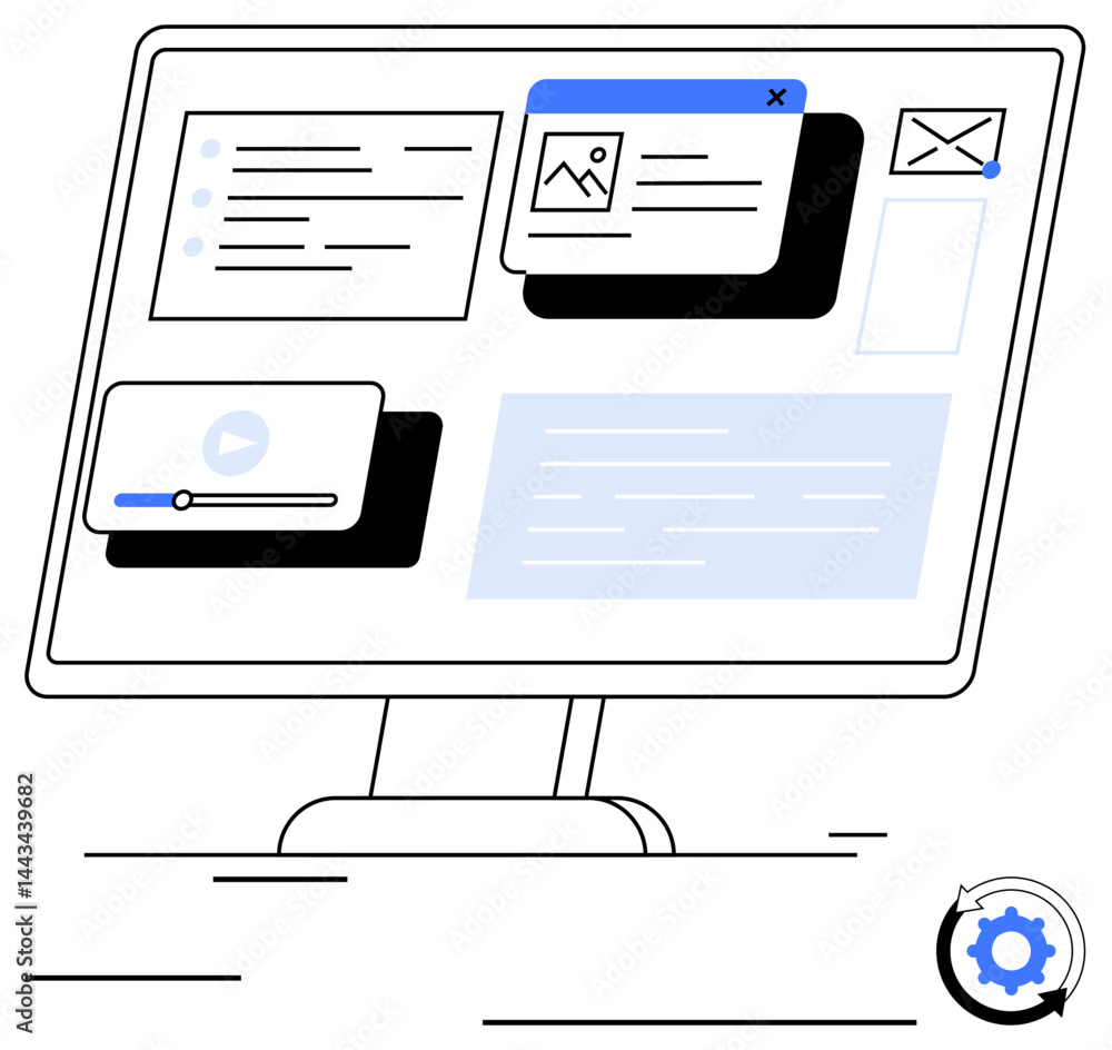 Aufkleber computer monitor showcasing media player, email box, image preview, task list, and text editor. idea