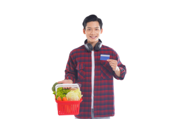 portrait of asian man holding shopping basket posing on white background, shopping concept