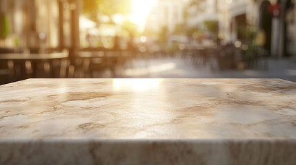 Fototapeta premium Sunny Outdoor Cafe Tabletop Marble Texture Empty Surface Blurred Background