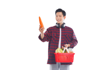 portrait of asian man holding shopping basket posing on white background, shopping concept