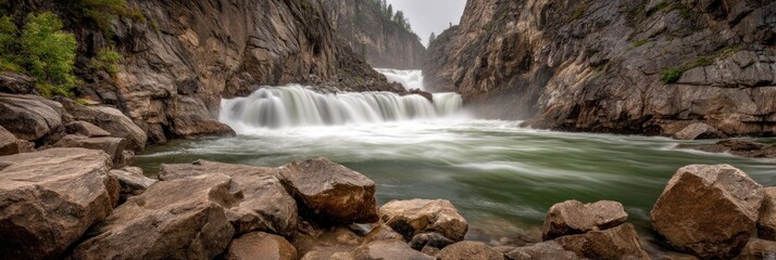 Waterfall cascading down rocky canyon