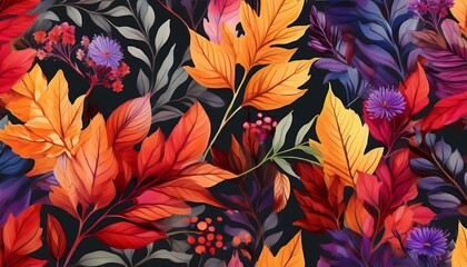 Fall seamless pattern with red yellow leaves purple flowers, branches watercolor botanical