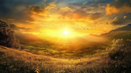 A picture of a golden sun rising over a peaceful valley.